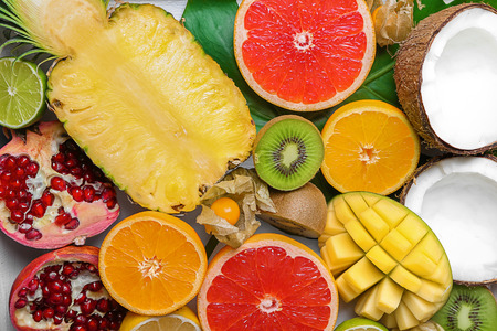 Various delicious exotic fruits, top viewの写真素材