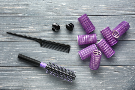 Hair supplies on wooden backgroundの写真素材