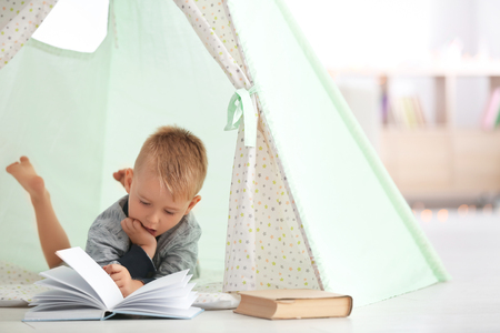 Cute little boy reading book in hovel at homeの写真素材