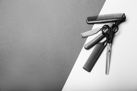 Professional hairdresser's set on color backgroundの写真素材