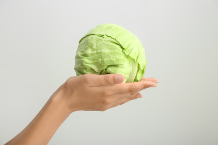 Woman holding fresh cabbage on light backgroundの写真素材