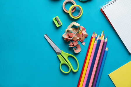 Composition with different school stationery on color backgroundの写真素材