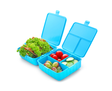 Lunch boxes with appetizing food on white backgroundの写真素材