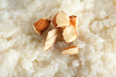 Delicious rice pudding with almonds, closeupの写真素材