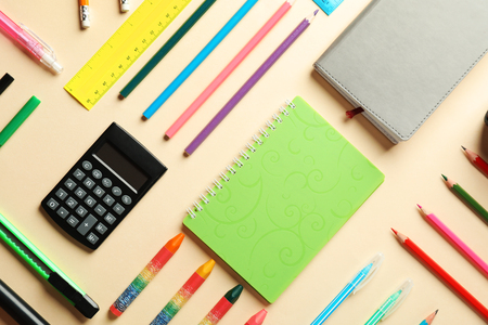 Composition with different school stationery on light backgroundの写真素材