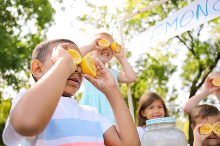 Little children playing while preparing fresh lemonade in parkの写真素材