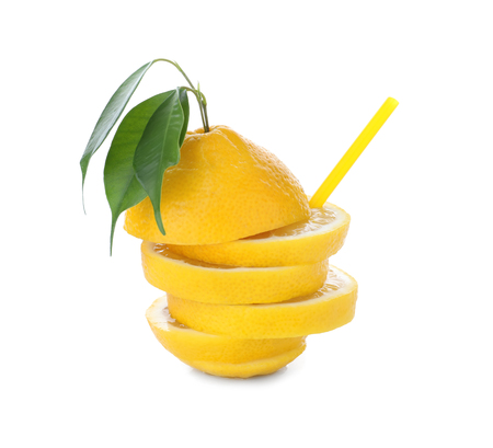 Sliced ripe lemon on white backgroundの写真素材