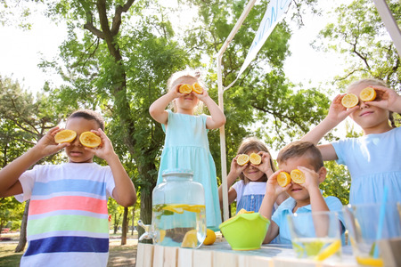 Little children playing while preparing fresh lemonade in park