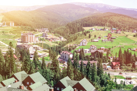 Picturesque view of resort town in mountainsの写真素材