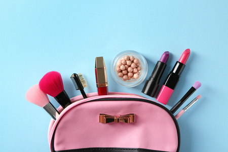 Set of decorative cosmetics on color background, flat layの写真素材