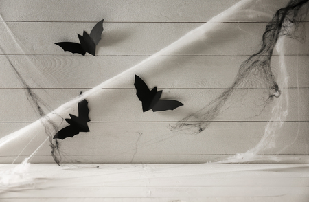 Paper bats with web as decor for Halloween party on wooden white backgroundの写真素材