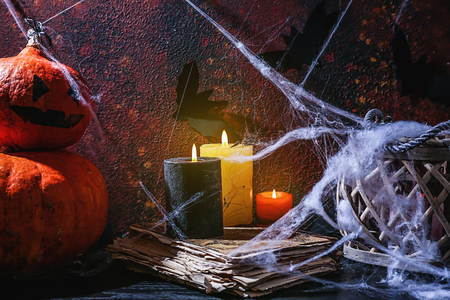 Creative decorations for Halloween party near dark color wallの写真素材