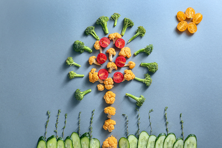 Flat lay composition with various vegetables on grey backgroundの写真素材