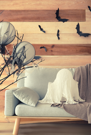 Interior of room decorated for Halloweenの写真素材