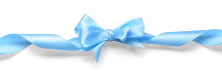 Blue ribbon with bow on white background