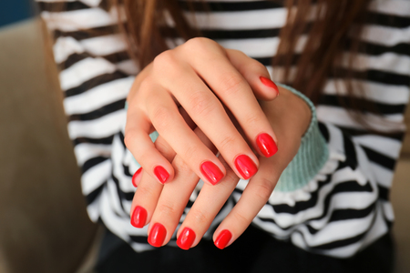 Woman with stylish beautiful manicure, closeupの写真素材