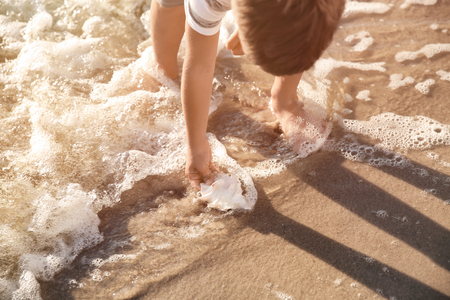 Cute little boy gathering sea shells on beachの写真素材