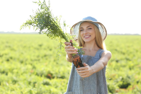 Female farmer with carrot in fieldの写真素材