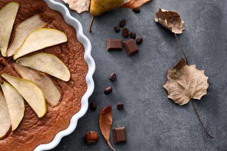 Delicious pear cake on grey tableの写真素材