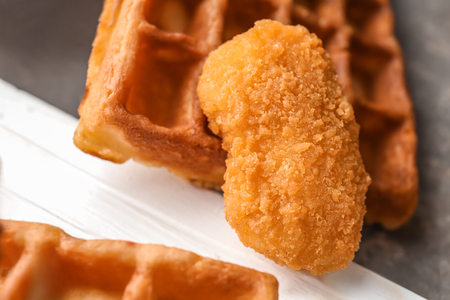 Delicious waffle with chicken, closeupの写真素材