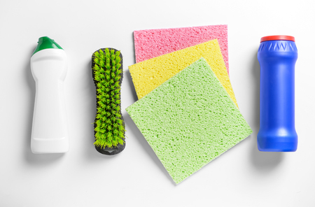Cleaning supplies on white backgroundの写真素材