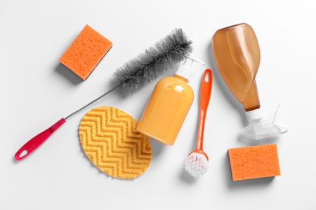 Cleaning supplies on white backgroundの写真素材