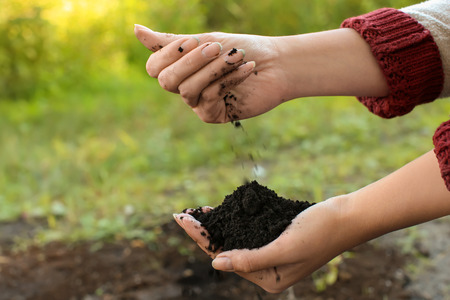Woman holding black soil outdoorsの写真素材