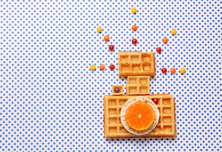 Photo camera made of waffles on light backgroundの写真素材