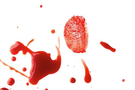 Blood splashes with fingerprint on white backgroundの写真素材