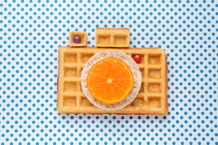 Photo camera made of waffles on light backgroundの写真素材