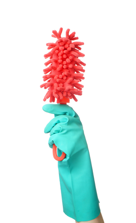 Woman holding tool for cleaning on white backgroundの写真素材