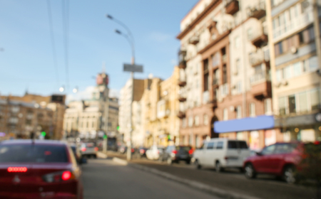 Blurred view of road in modern cityの写真素材