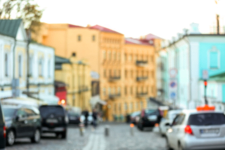 Blurred view of road in modern cityの写真素材