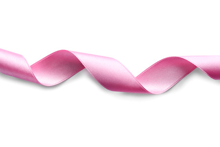 Curled pink ribbon on white backgroundの写真素材