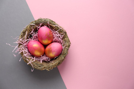 Nest with Easter eggs on color background