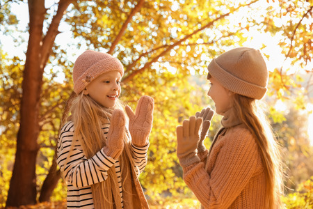 Cute little girls playing in autumn parkの写真素材