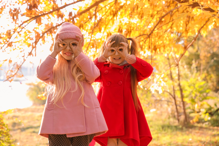 Cute little girls in autumn parkの写真素材