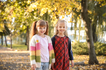 Cute little girls in autumn parkの写真素材