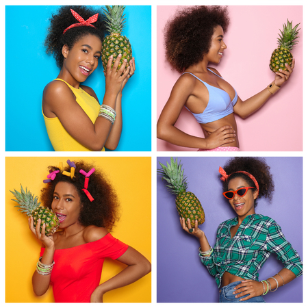 Collage of photos with beautiful African-American woman holding tasty pineappleの写真素材