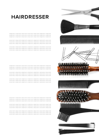 Professional hairdresser's tools with place for text on white backgroundの写真素材