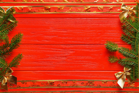 Frame made of beautiful Christmas decorations on wooden backgroundの写真素材