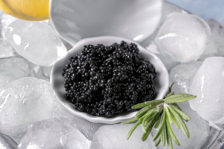Delicious black caviar with ice cubes on metal tray, closeupの写真素材