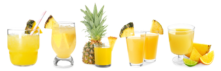 Set of tasty fresh pineapple juice on white backgroundの写真素材