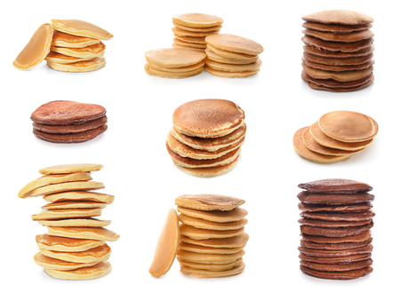 Stacks of tasty pancakes on white backgroundの写真素材