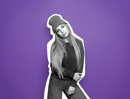 Beautiful young woman on color background. Black and white effect on photo