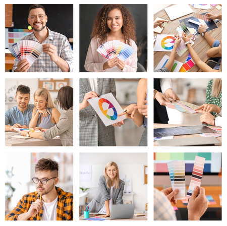Collage of photos with different designers working in officeの写真素材