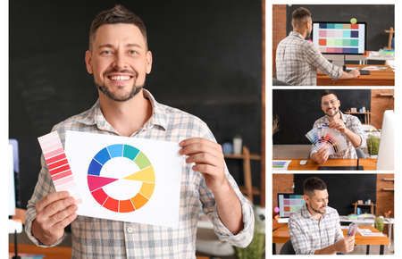 Collage of photos with male designer working in officeの写真素材
