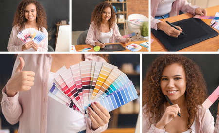 Collage of photos with African-American designer working in officeの写真素材