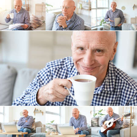 Collage of photos with elderly man resting at homeの写真素材