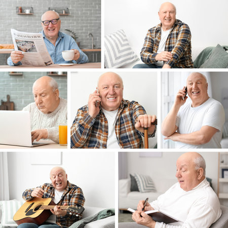 Collage of photos with elderly man resting at homeの写真素材